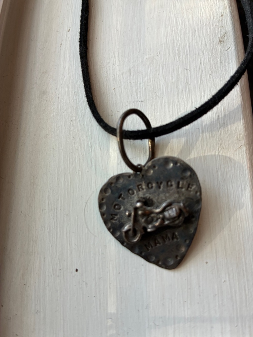 Motorcycle Mama Heart Pendant Necklace - Black Cord